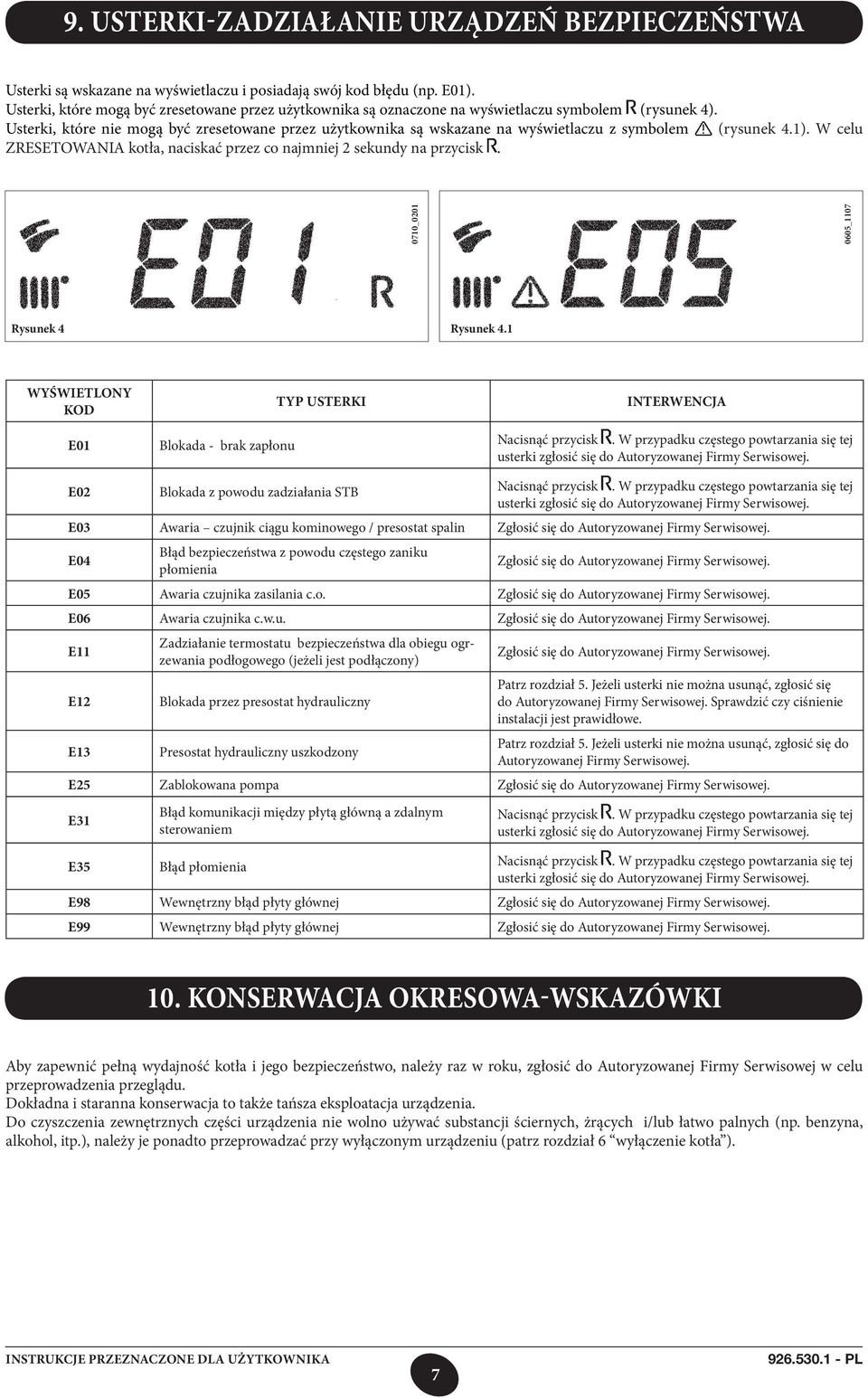 Usterki, które nie mogą być zresetowane przez użytkownika są wskazane na wyświetlaczu z symbolem (rysunek 4.1). W celu ZRESETOWANIA kotła, naciskać przez co najmniej 2 sekundy na przycisk.