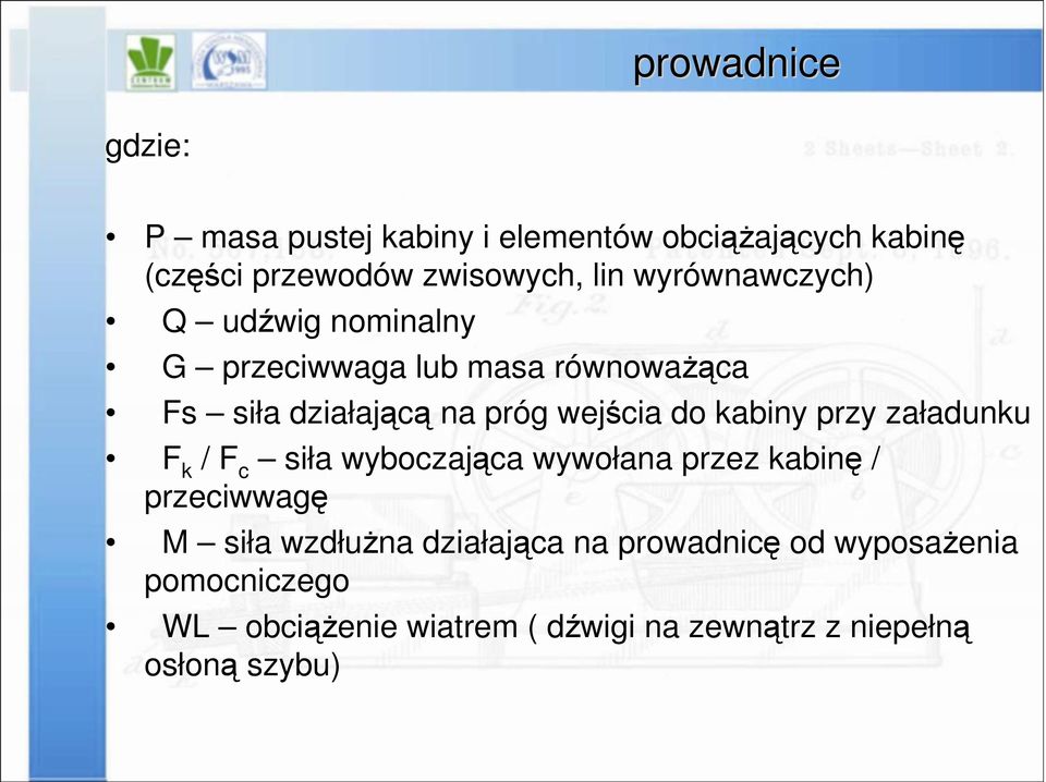 do kabiny przy załadunku F k / F c siła wyboczająca wywołana przez kabinę / przeciwwagę M siła wzdłużna