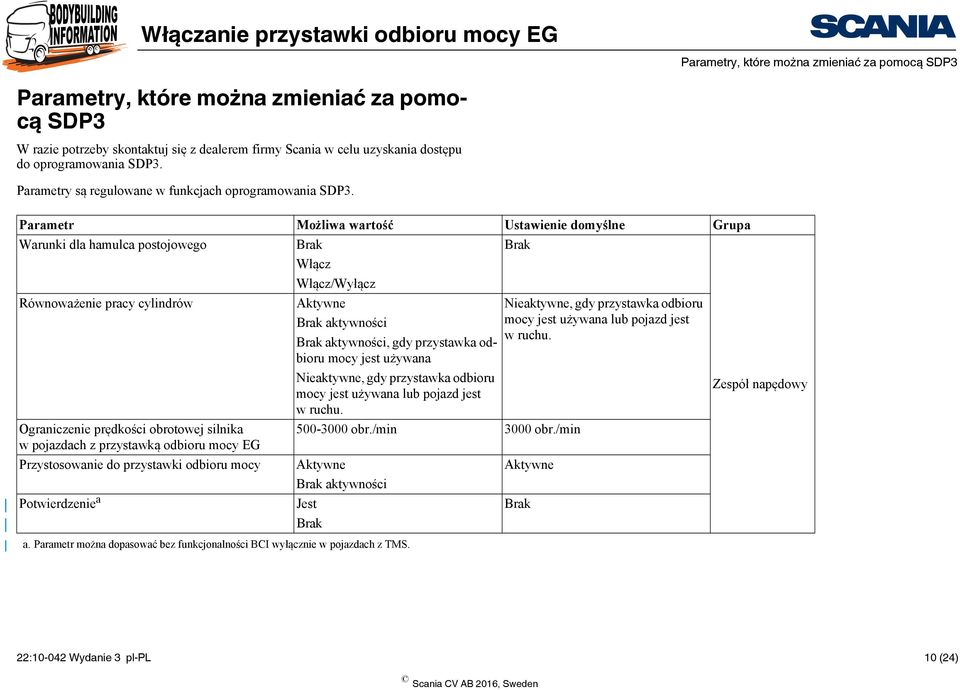 Parametr Możliwa wartość Ustawienie domyślne Grupa Warunki dla hamulca postojowego Brak Brak Włącz Włącz/Wyłącz Równoważenie pracy cylindrów Aktywne Nieaktywne, gdy przystawka odbioru Brak aktywności