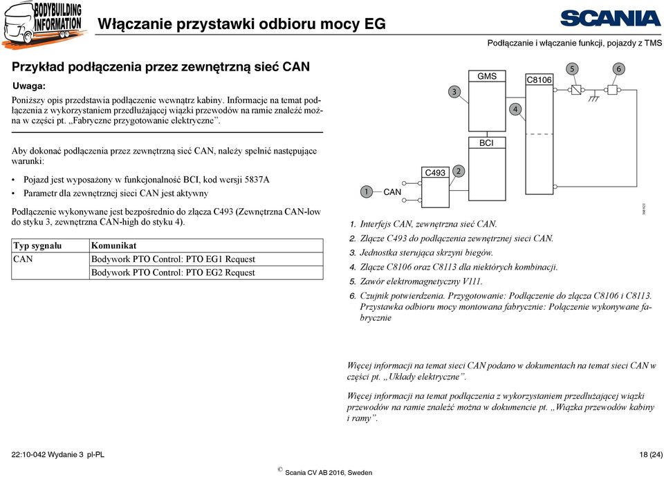 3 GMS 4 C8106 5 6 Aby dokonać podłączenia przez zewnętrzną sieć CAN, należy spełnić następujące warunki: Pojazd jest wyposażony w funkcjonalność BCI, kod wersji 5837A C493 2 BCI Parametr dla