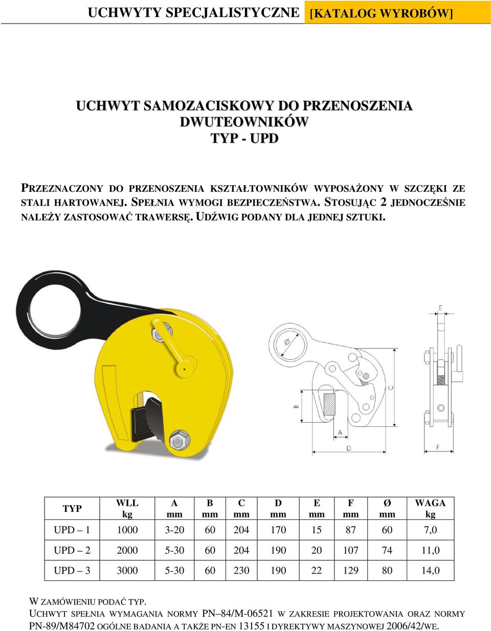 STOSUJĄC 2 JEDNOCZEŚNIE NALEŻY ZASTOSOWAĆ TRAWERSĘ. UDŹWIG PODANY DLA JEDNEJ SZTUKI.