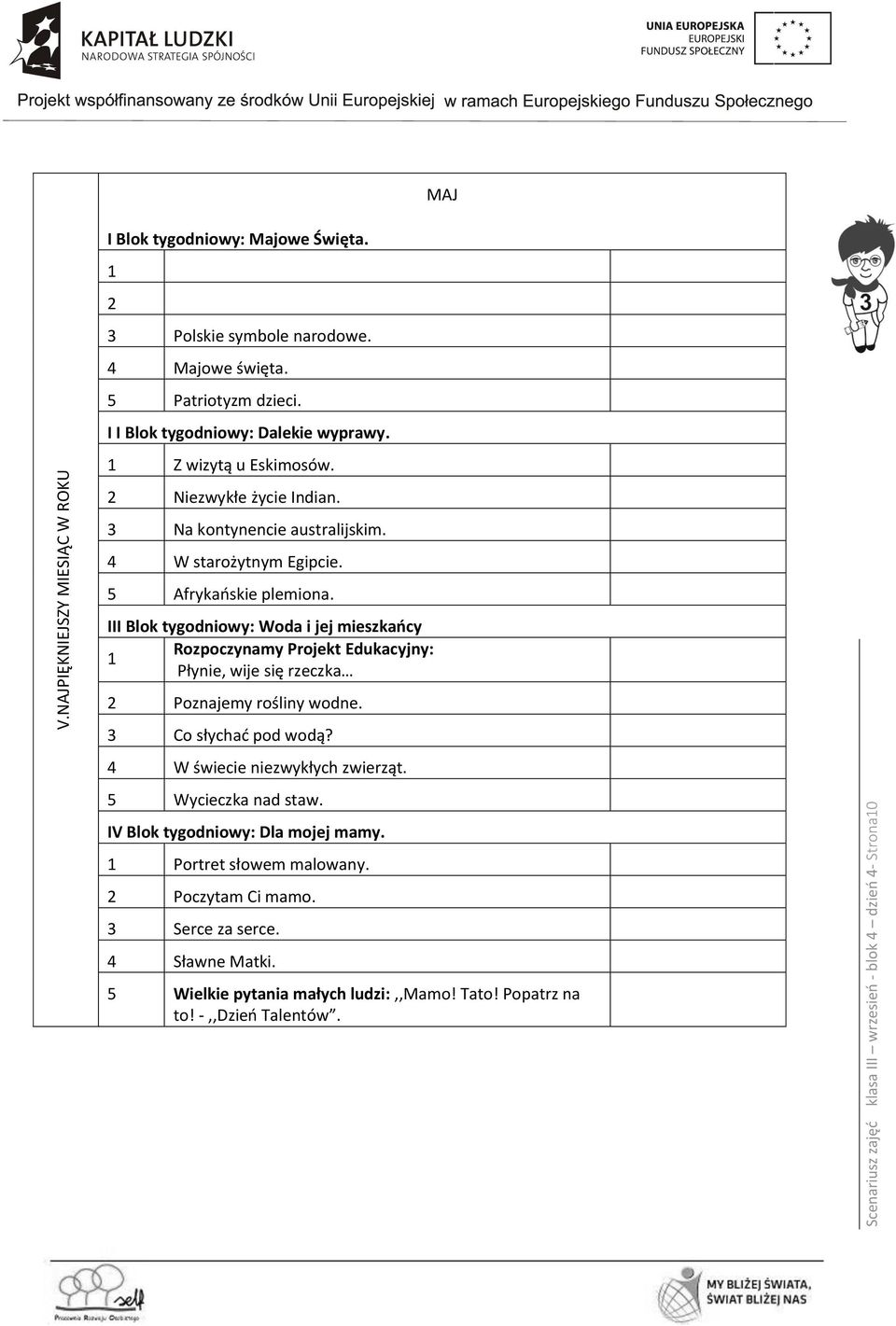 III Blok tygodniowy: Woda i jej mieszkańcy Rozpoczynamy Projekt Edukacyjny: Płynie, wije się rzeczka 2 Poznajemy rośliny wodne. 3 Co słychać pod wodą? 4 W świecie niezwykłych zwierząt.
