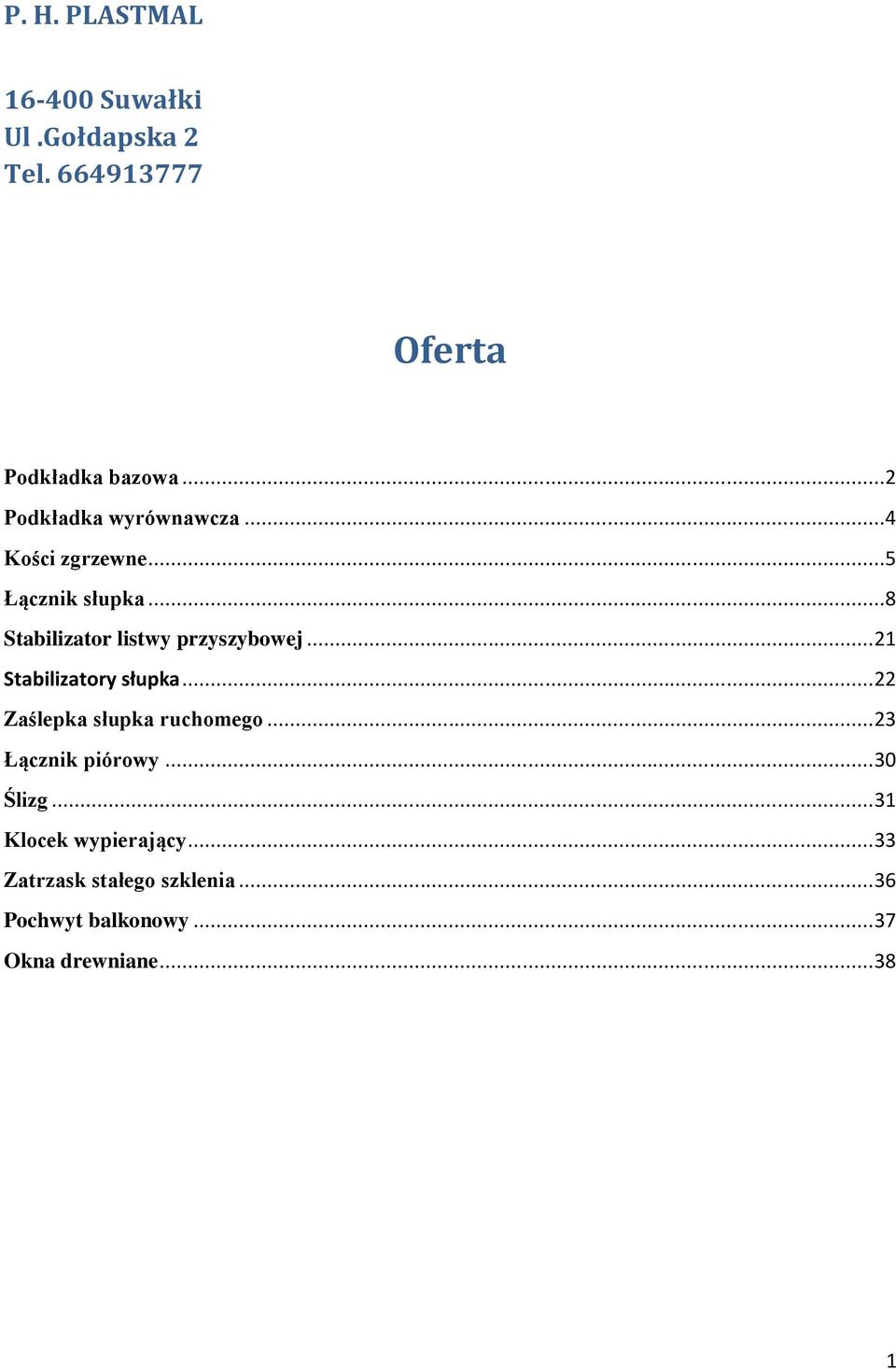 ..8 Stabilizator listwy przyszybowej... 21 Stabilizatory słupka... 22 Zaślepka słupka ruchomego.