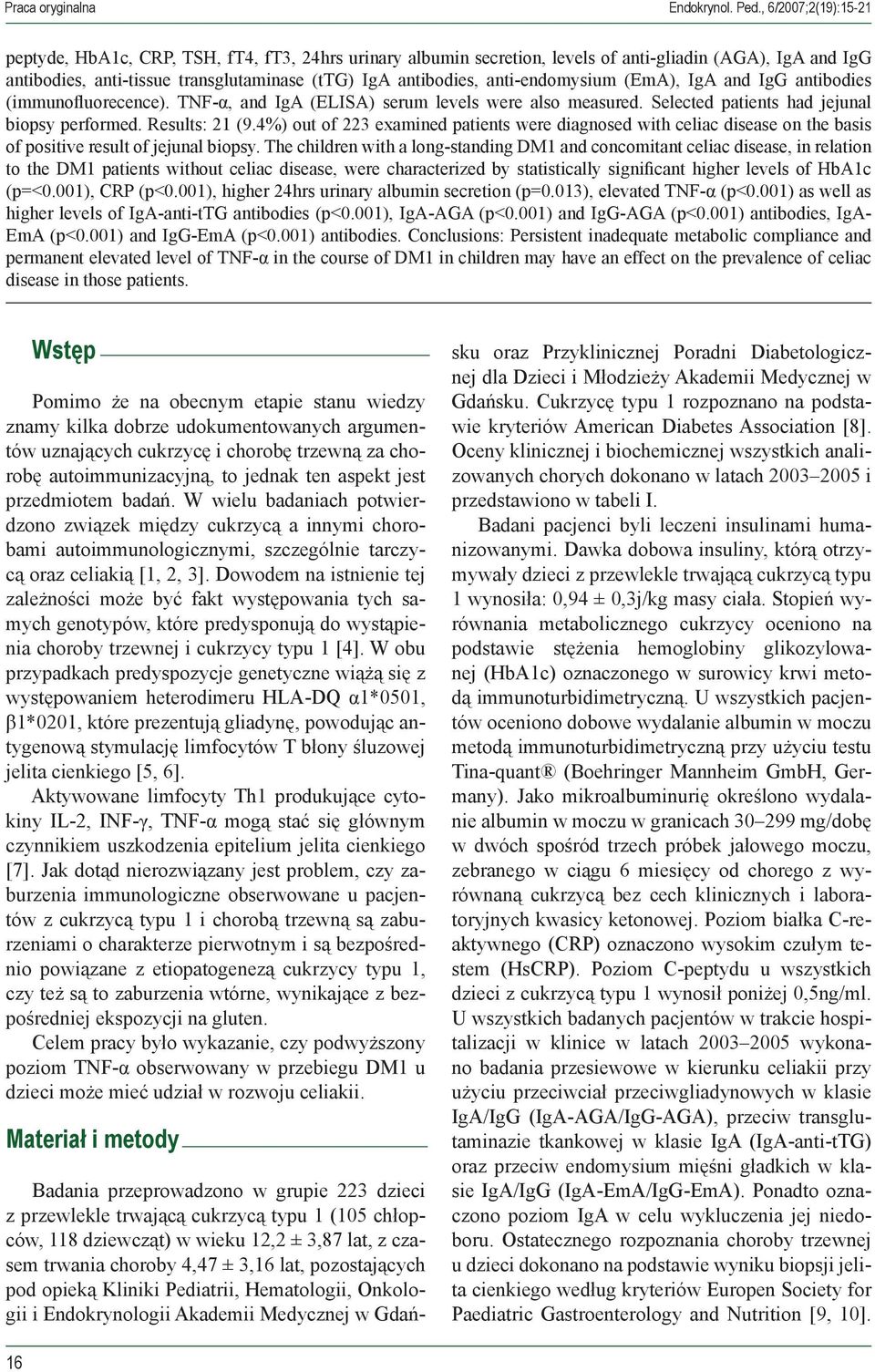 anti-endomysium (EmA), IgA and IgG antibodies (immunofluorecence). TNF-α, and IgA (ELISA) serum levels were also measured. Selected patients had jejunal biopsy performed. Results: 21 (9.