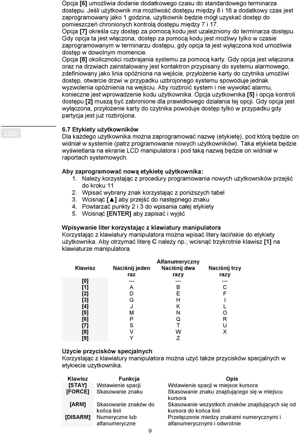 17. Opcja [7] określa czy dostęp za pomocą kodu jest uzależniony do terminarza dostępu.