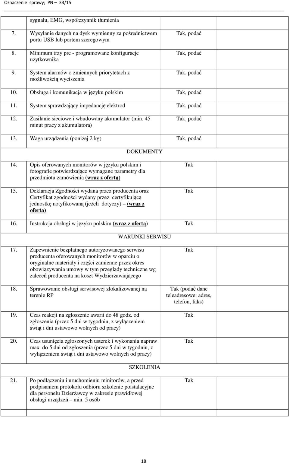 System sprawdzający impedancję elektrod Tak, podać 12. Zasilanie sieciowe i wbudowany akumulator (min. 45 minut pracy z akumulatora) Tak, podać 13.