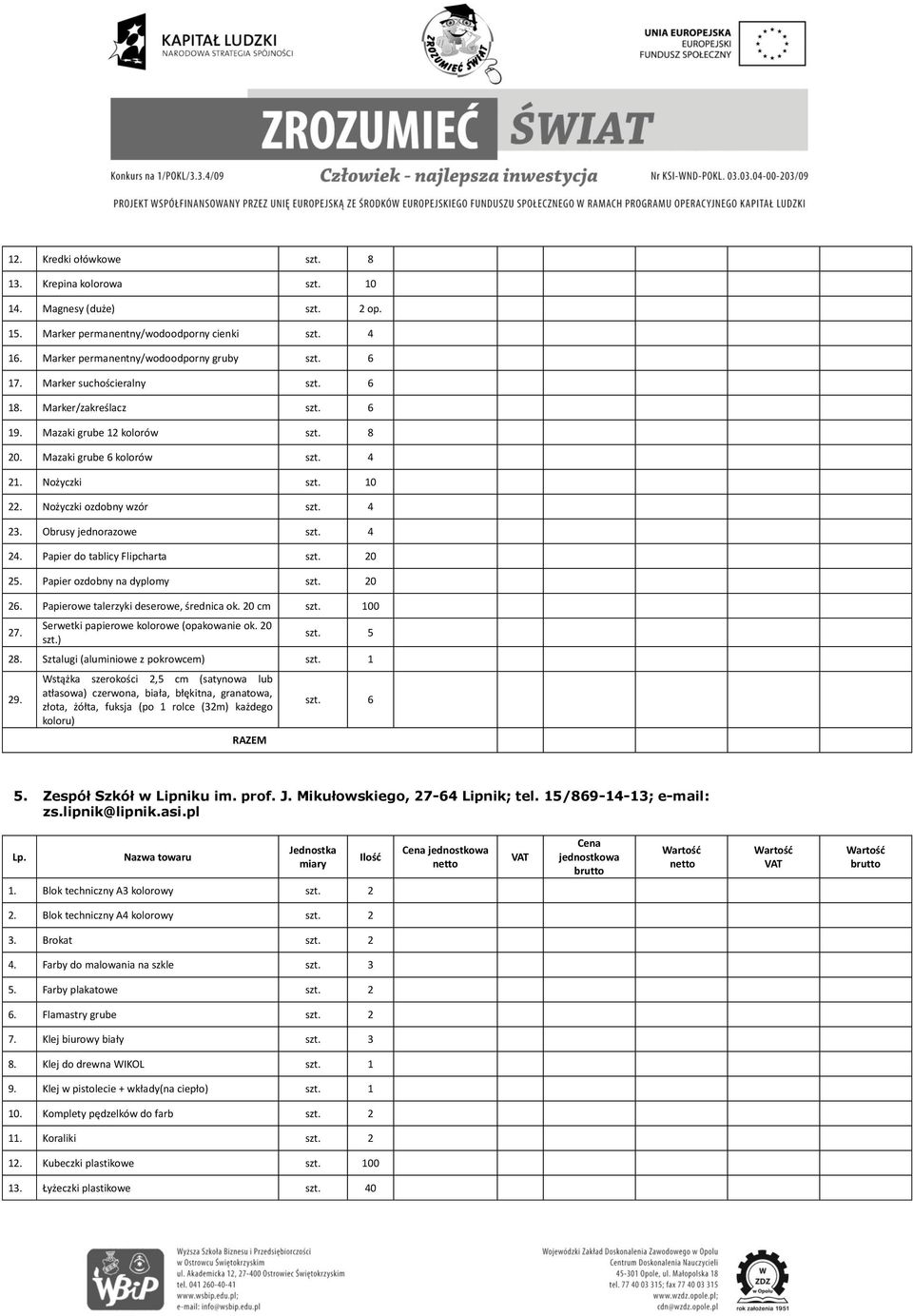 Obrusy jednorazowe szt. 4 24. Papier do tablicy Flipcharta szt. 20 25. Papier ozdobny na dyplomy szt. 20 26. Papierowe talerzyki deserowe, średnica ok. 20 cm 00 27.