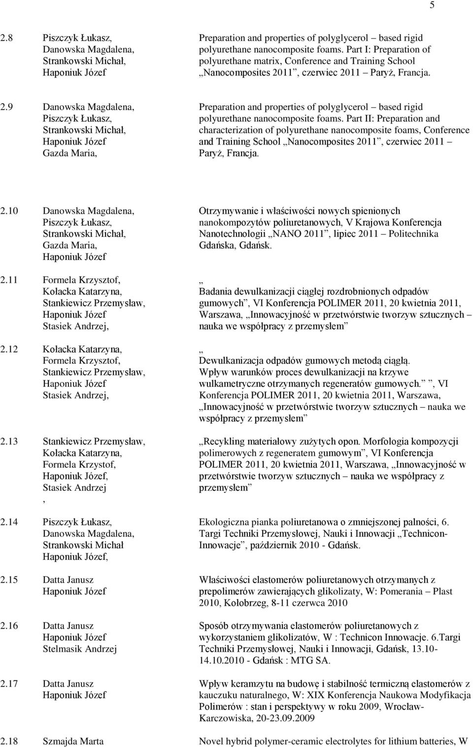 11, czerwiec 2011 Paryż, Francja. 2.9 Danowska Magdalena,, Gazda Maria, Preparation and properties of polyglycerol based rigid polyurethane nanocomposite foams.