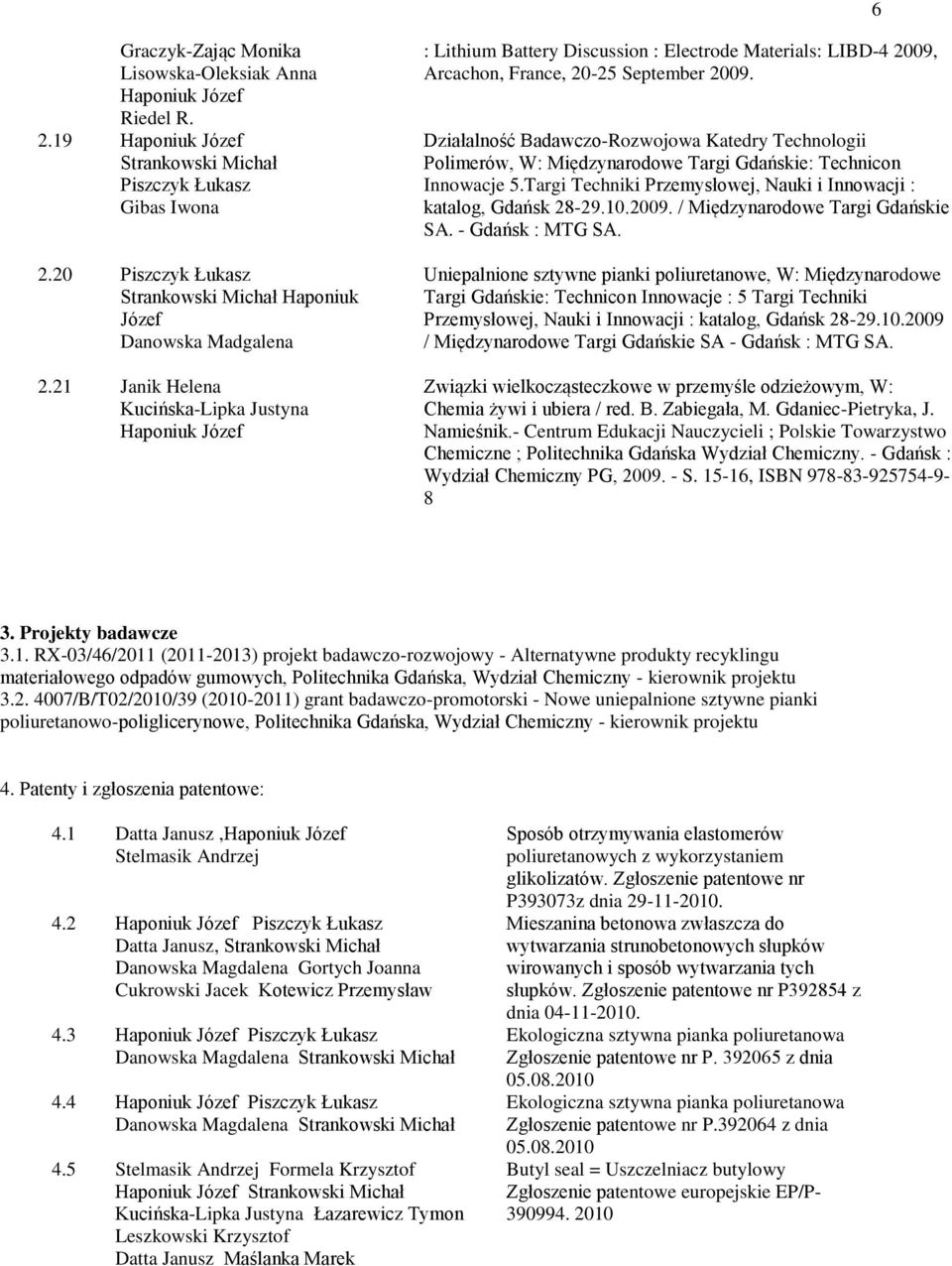 Działalność Badawczo-Rozwojowa Katedry Technologii Polimerów, W: Międzynarodowe Targi Gdańskie: Technicon Innowacje 5.Targi Techniki Przemysłowej, Nauki i Innowacji : katalog, Gdańsk 28-29.10.2009.