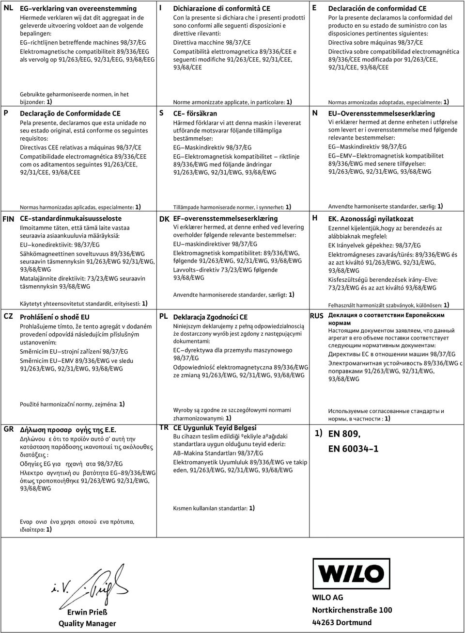 declaramos que esta unidade no seu estado original, está conforme os seguintes requisitos: Directivas CEE relativas a má quinas 98/37/CE Compatibilidade electromagnética 89/336/CEE com os aditamentos