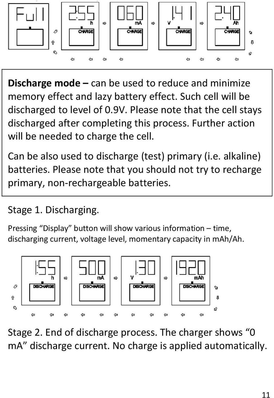 Can be also used to discharge (test) primary (i.e. alkaline) batteries. Please note that you should not try to recharge primary, non-rechargeable batteries. Stage 1.