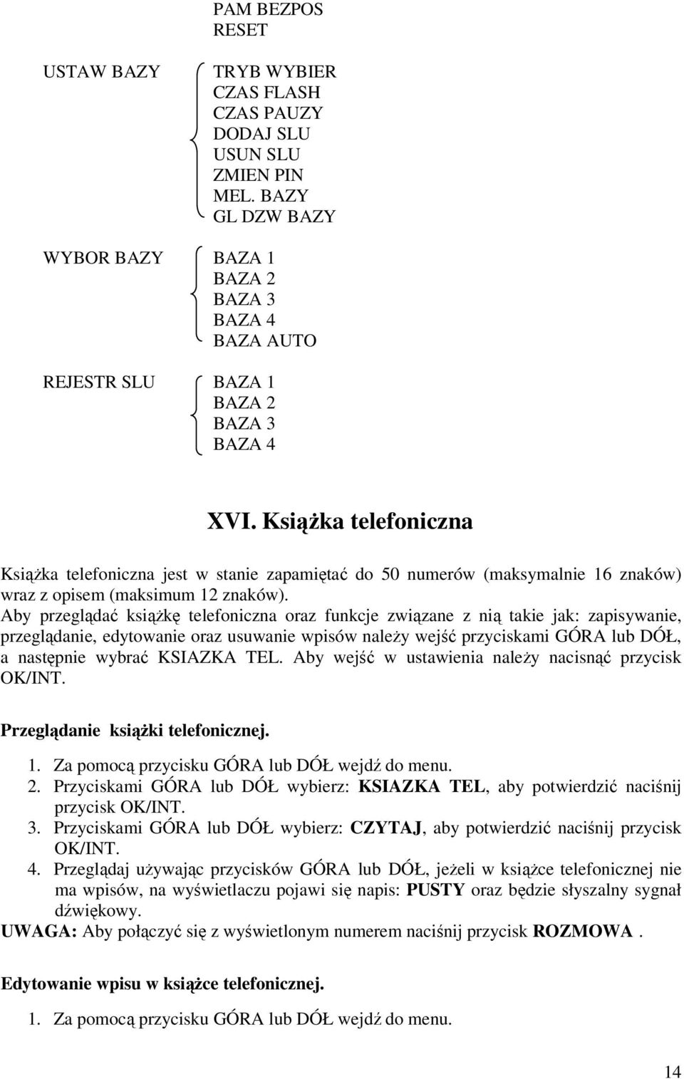 Książka telefoniczna Książka telefoniczna jest w stanie zapamiętać do 50 numerów (maksymalnie 16 znaków) wraz z opisem (maksimum 12 znaków).