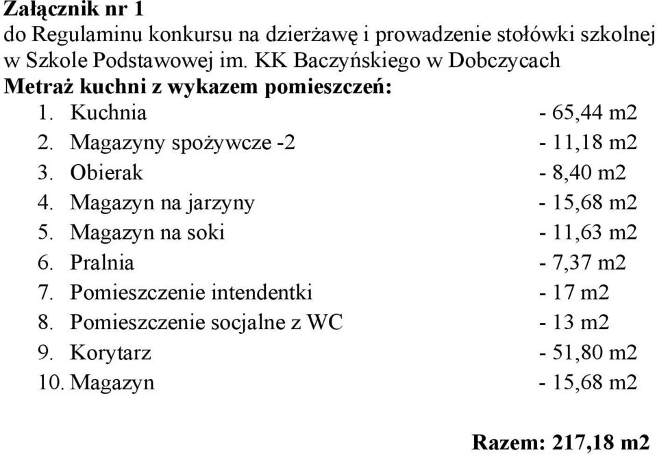 Magazyny spożywcze -2-11,18 m2 3. Obierak - 8,40 m2 4. Magazyn na jarzyny - 15,68 m2 5. Magazyn na soki - 11,63 m2 6.