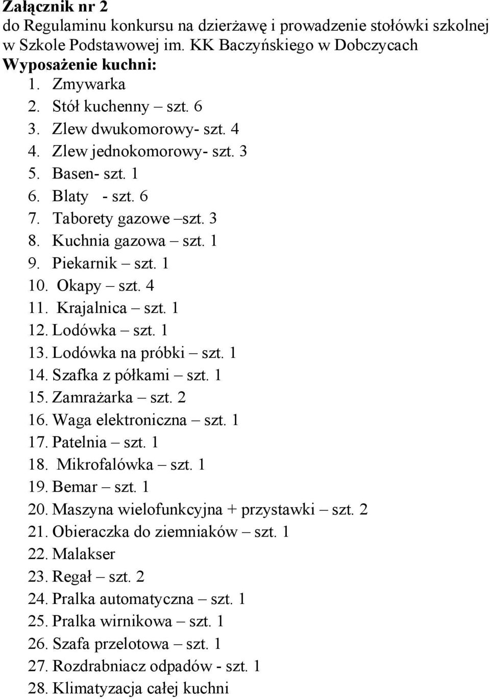 1 12. Lodówka szt. 1 13. Lodówka na próbki szt. 1 14. Szafka z półkami szt. 1 15. Zamrażarka szt. 2 16. Waga elektroniczna szt. 1 17. Patelnia szt. 1 18. Mikrofalówka szt. 1 19. Bemar szt. 1 20.