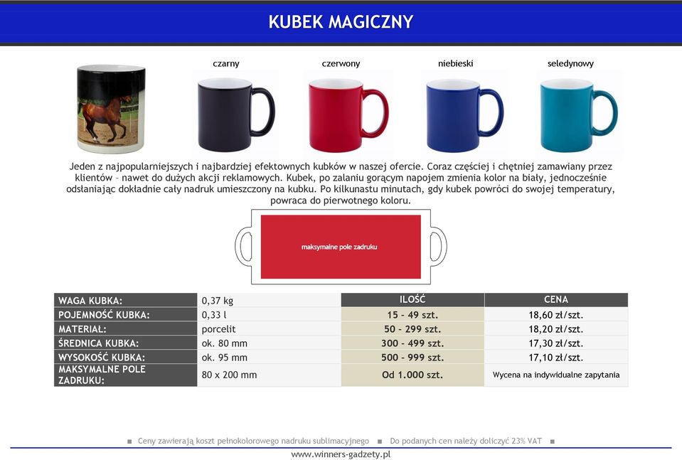 Kubek, po zalaniu gorącym napojem zmienia kolor na biały, jednocześnie odsłaniając dokładnie cały nadruk umieszczony na kubku.
