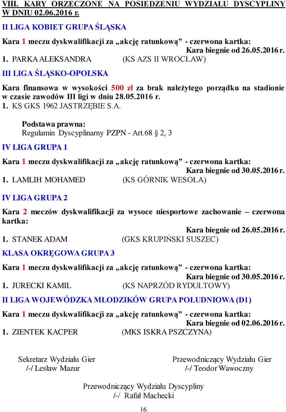 KS GKS 1962 JASTRZĘBIE S.A. Podstawa prawna: Regulamin Dyscyplinarny PZPN - Art.68 2, 3 IV LIGA GRUPA 1 Kara 1 meczu dyskwalifikacji za akcję ratunkową - czerwona kartka: 1.