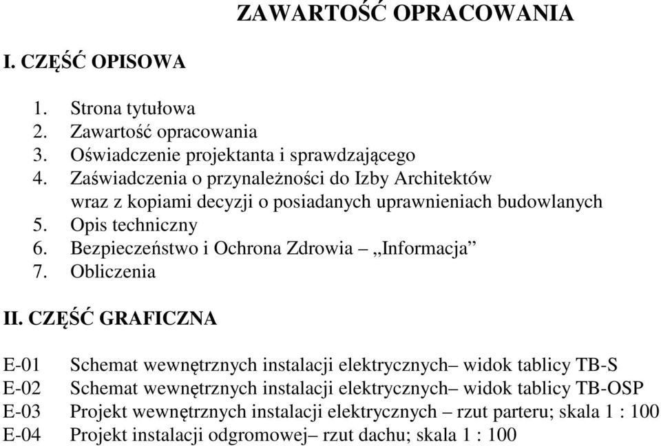 Zaświadczenia o przynależności do Izby Architektów wraz z kopiami decyzji o posiadanych uprawnieniach budowlanych 5. Opis techniczny 6. Bezpieczeństwo i Ochrona Zdrowia Informacja 7.