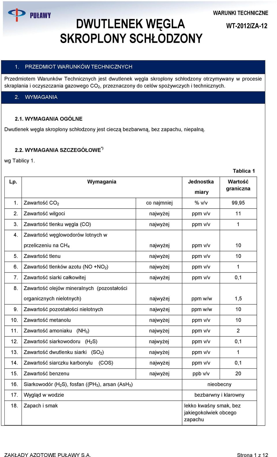 Tablica 1 Lp. Wymagania Jednostka miary Wartość graniczna 1. Zawartość CO 2 co najmniej % v/v 99,95 2. Zawartość wilgoci najwyżej ppm v/v 11 3. Zawartość tlenku węgla (CO) najwyżej ppm v/v 1 4.