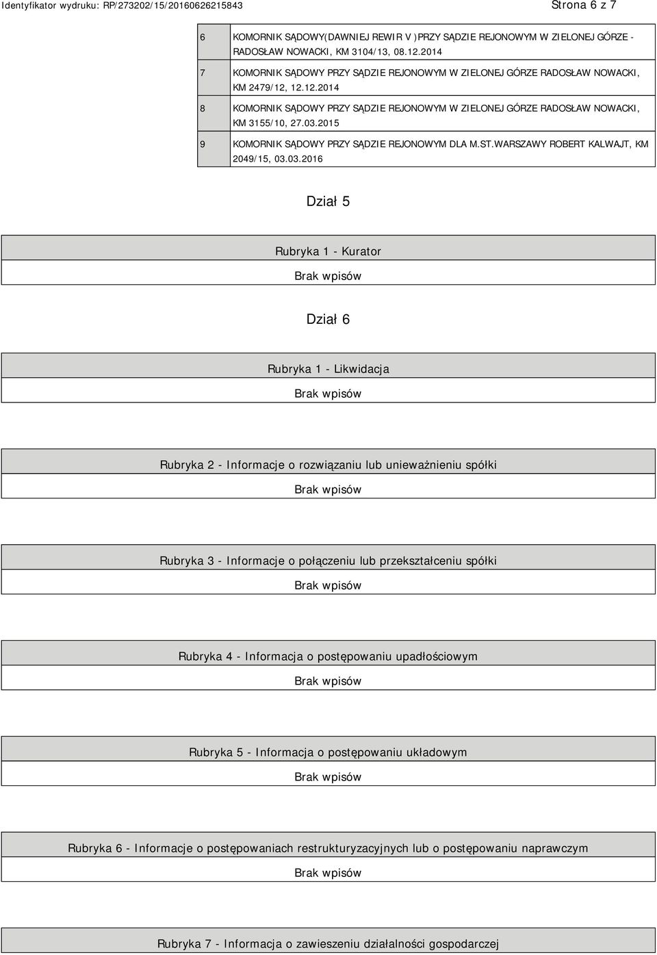 2015 9 KOMORNIK SĄDOWY PRZY SĄDZIE REJONOWYM DLA M.ST.WARSZAWY ROBERT KALWAJT, KM 2049/15, 03.
