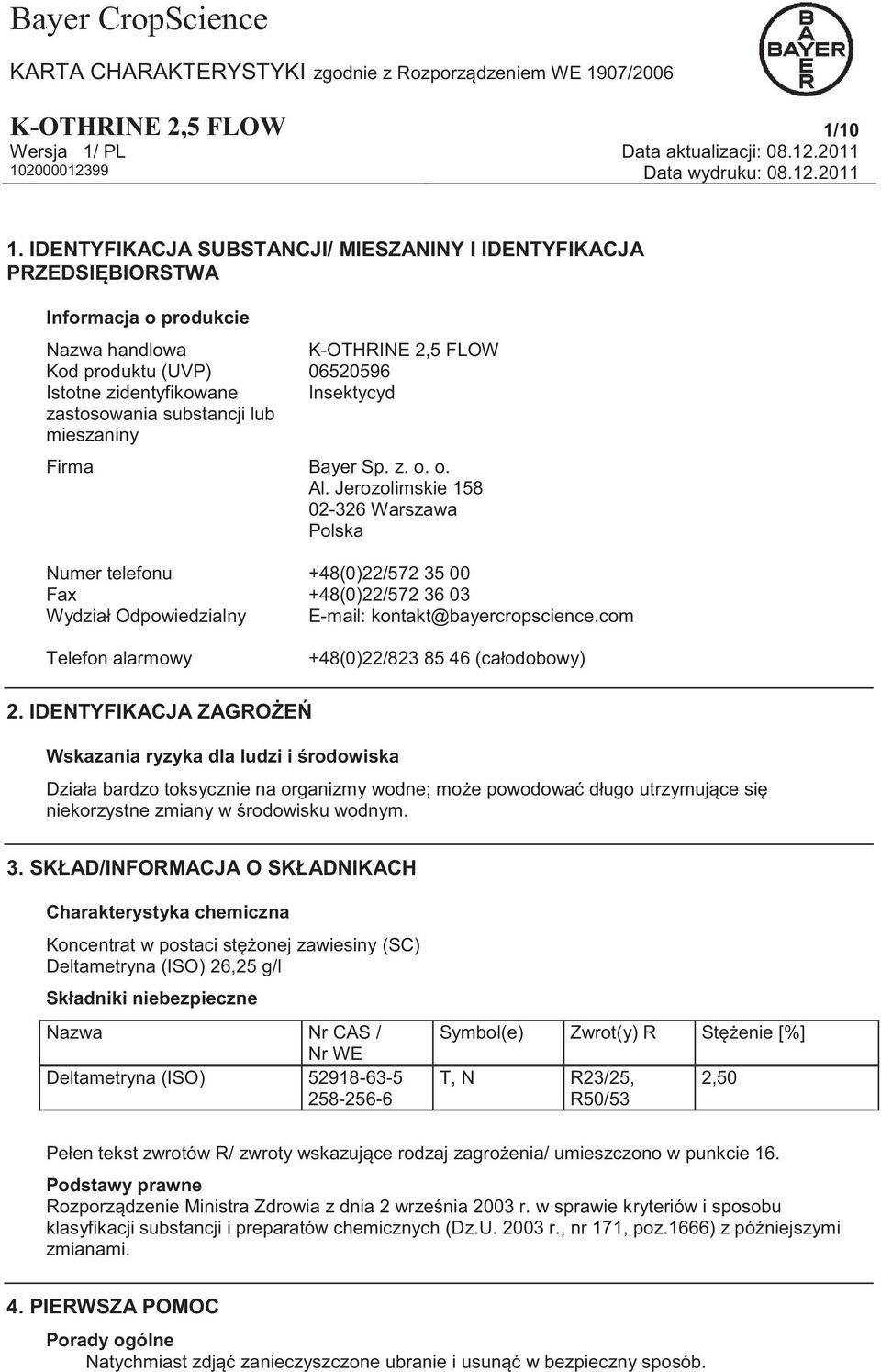 zastosowania substancji lub mieszaniny Firma Bayer Sp. z. o. o. Al.