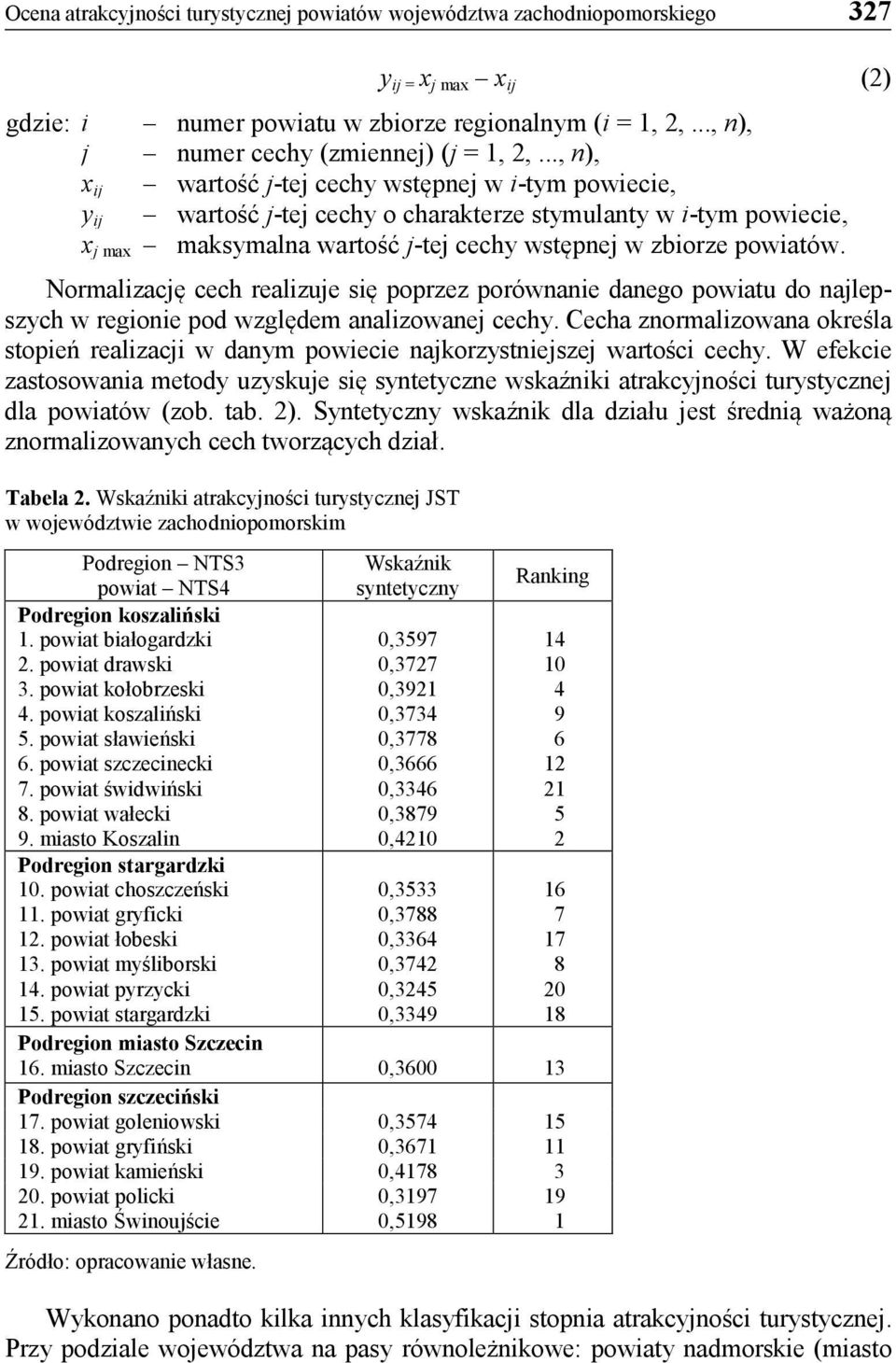 .., n), x ij wartość j-tej cechy wstępnej w i-tym powiecie, y ij wartość j-tej cechy o charakterze stymulanty w i-tym powiecie, x j max maksymalna wartość j-tej cechy wstępnej w zbiorze powiatów.
