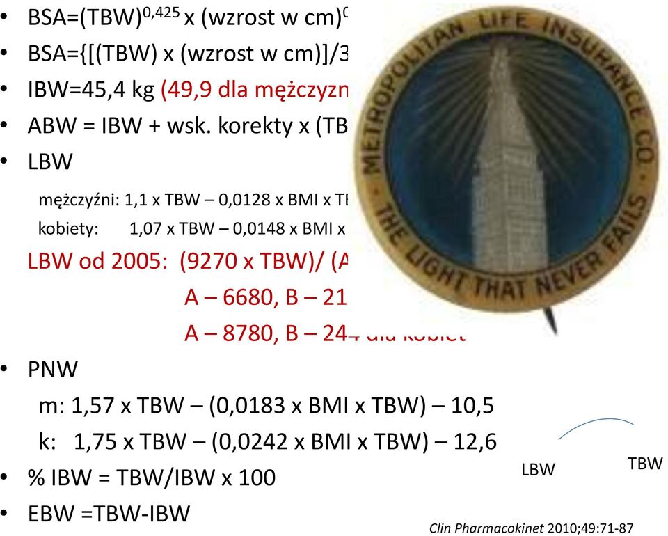 korekty x (TBW IBW) LBW mężczyźni: 1,1 x TBW 0,0128 x BMI x TBW kobiety: 1,07 x TBW 0,0148 x BMI x TBW LBW od 2005: (9270 x TBW)/