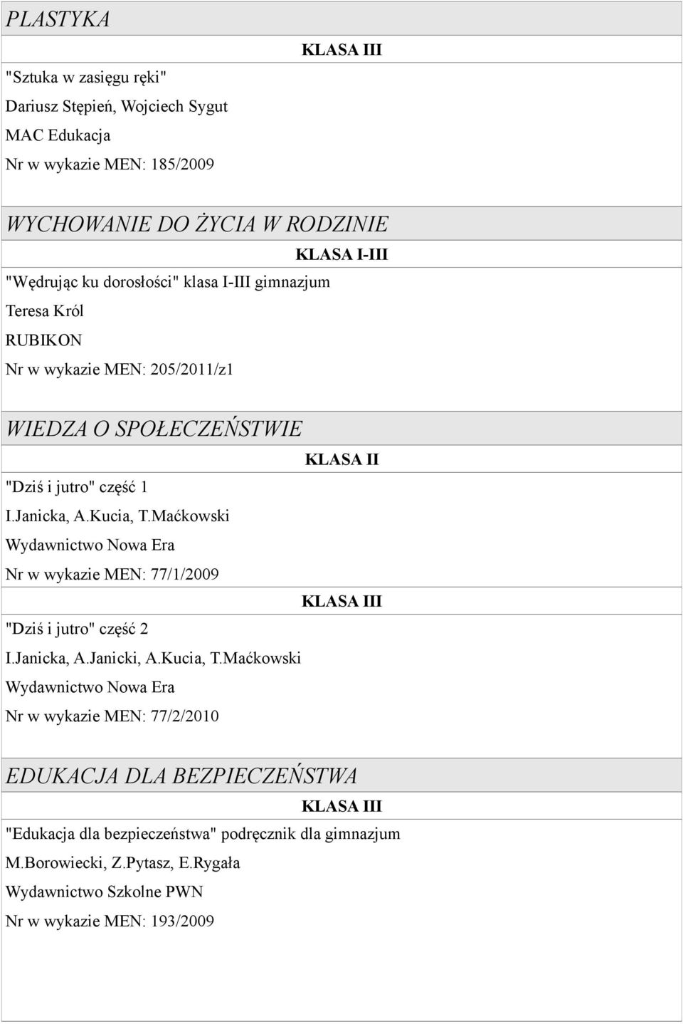 Kucia, T.Maćkowski Nr w wykazie MEN: 77/1/2009 I "Dziś i jutro" część 2 I.Janicka, A.Janicki, A.Kucia, T.Maćkowski Nr w wykazie MEN: 77/2/2010 EDUKACJA DLA BEZPIECZEŃSTWA I "Edukacja dla bezpieczeństwa" podręcznik dla gimnazjum M.