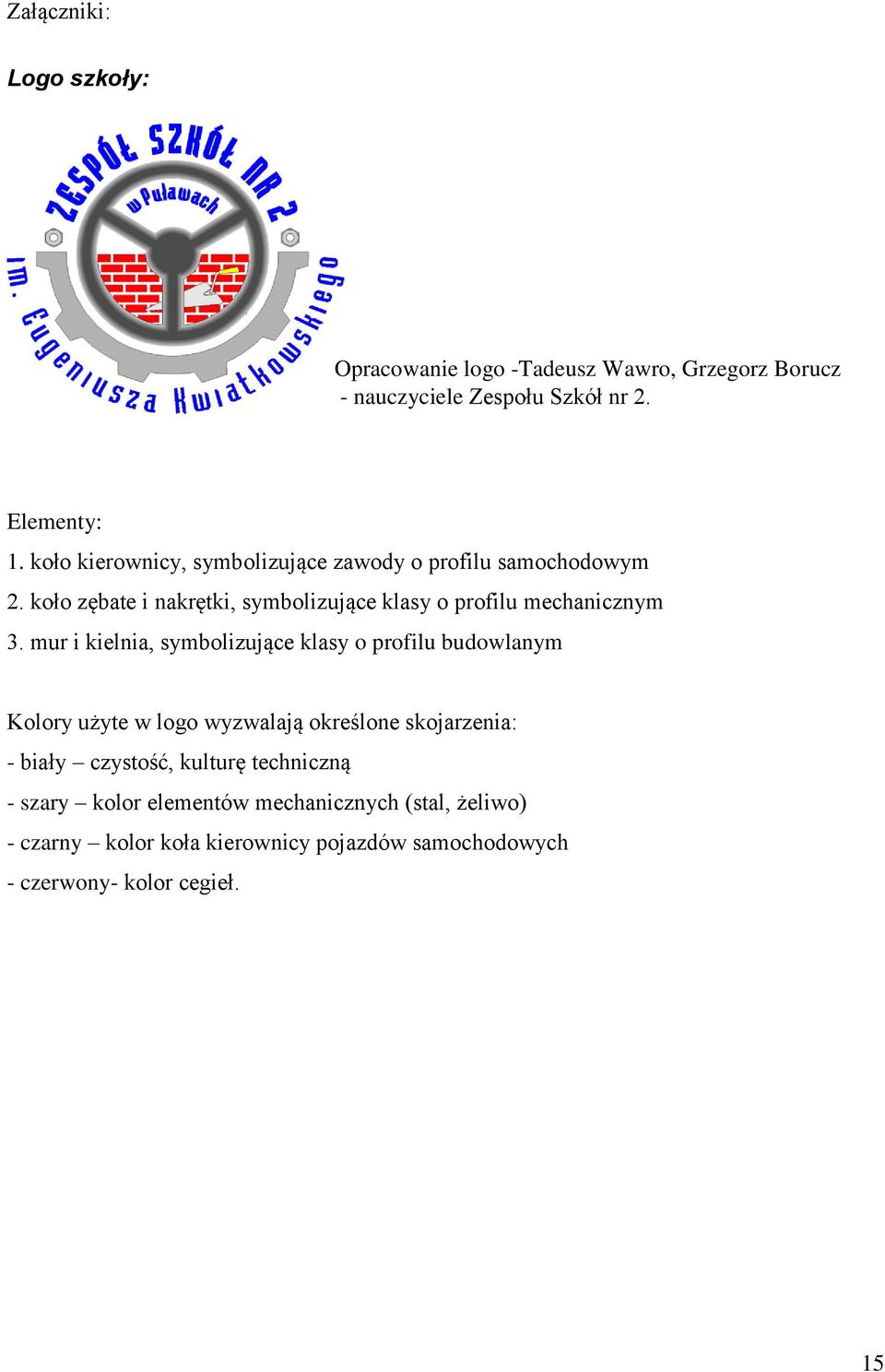 mur i kielnia, symbolizujące klasy o profilu budowlanym Kolory użyte w logo wyzwalają określone skojarzenia: - biały czystość,
