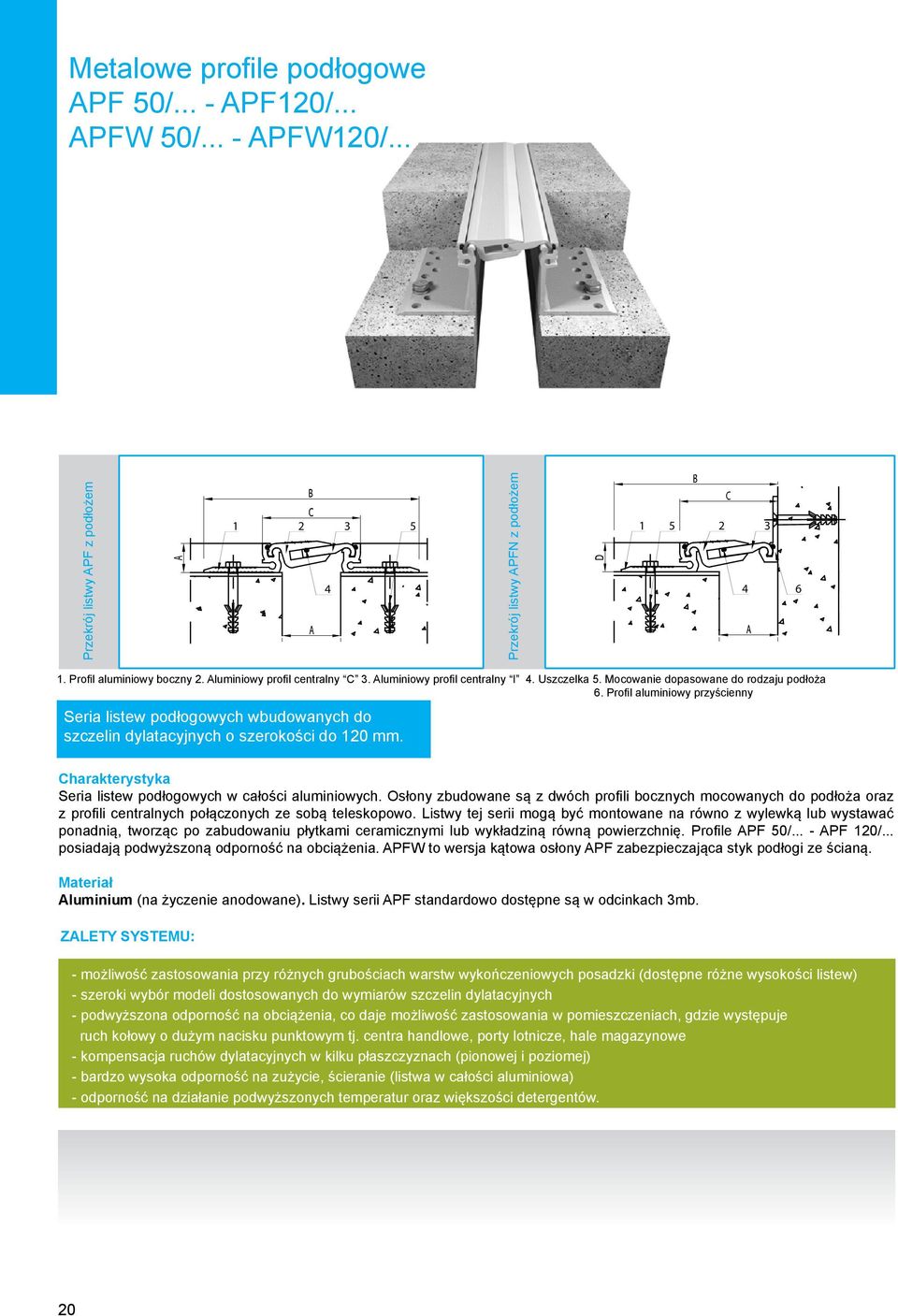 Profil aluminiowy przyścienny Seria listew podłogowych wbudowanych do szczelin dylatacyjnych o szerokości do 0 mm. harakterystyka Seria listew podłogowych w całości aluminiowych.