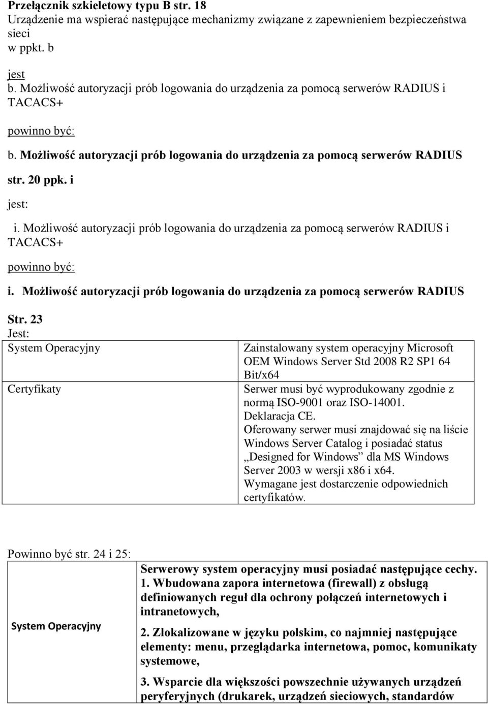 i jest: i. Możliwość autoryzacji prób logowania do urządzenia za pomocą serwerów RADIUS i TACACS+ powinno być: i. Możliwość autoryzacji prób logowania do urządzenia za pomocą serwerów RADIUS Str.