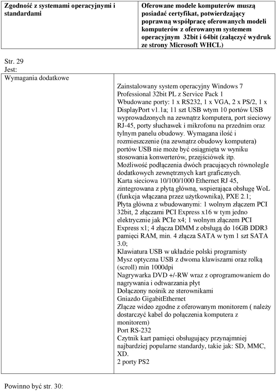 29 Jest: Wymagania dodatkowe Zainstalowany system operacyjny Windows 7 Professional 32bit PL z Service Pack 1 Wbudowane porty: 1 x RS232, 1 x VGA, 2 x PS/2, 1 x DisplayPort v1.