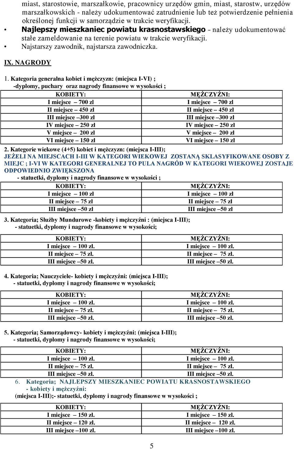 Najstarszy zawodnik, najstarsza zawodniczka. IX. NAGRODY 1.