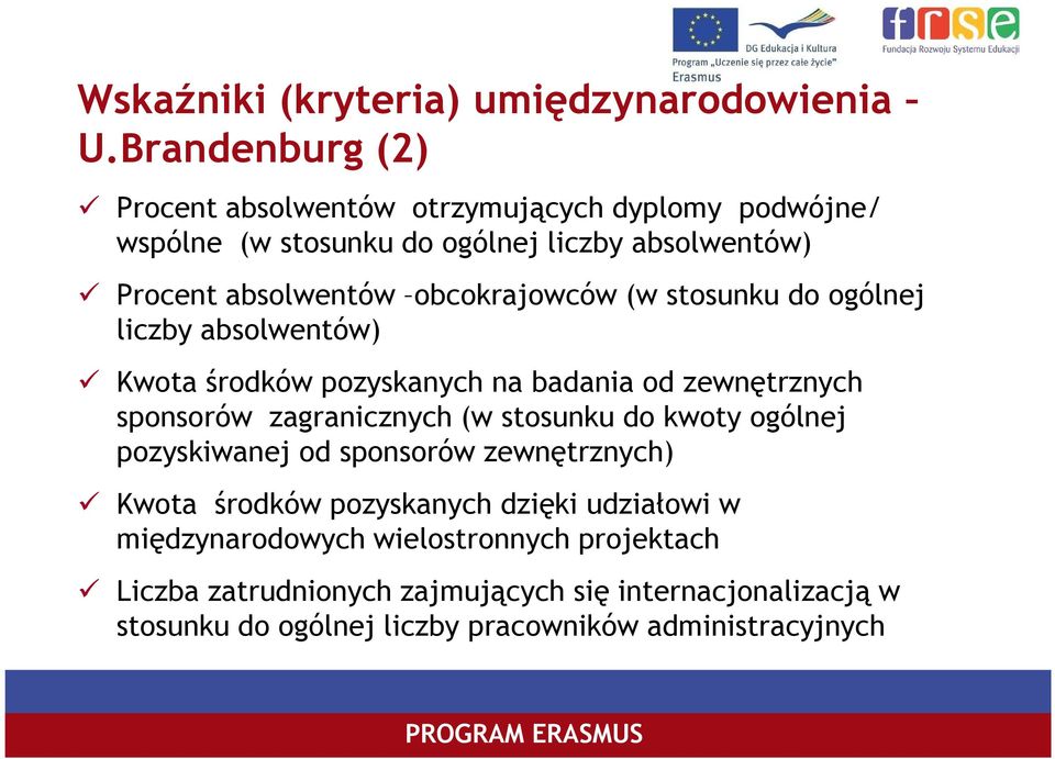 obcokrajowców (w stosunku do ogólnej liczby absolwentów) Kwota środków pozyskanych na badania od zewnętrznych sponsorów zagranicznych (w stosunku