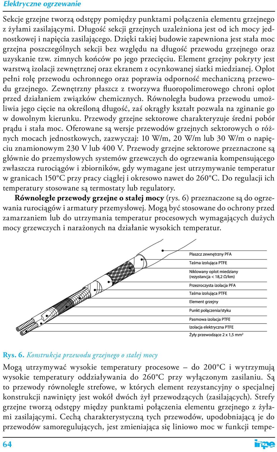 Element grzejny pokryty jest warstwą izolacji zewnętrznej oraz ekranem z ocynkowanej siatki miedzianej. Oplot pełni rolę przewodu ochronnego oraz poprawia odporność mechaniczną przewodu grzejnego.