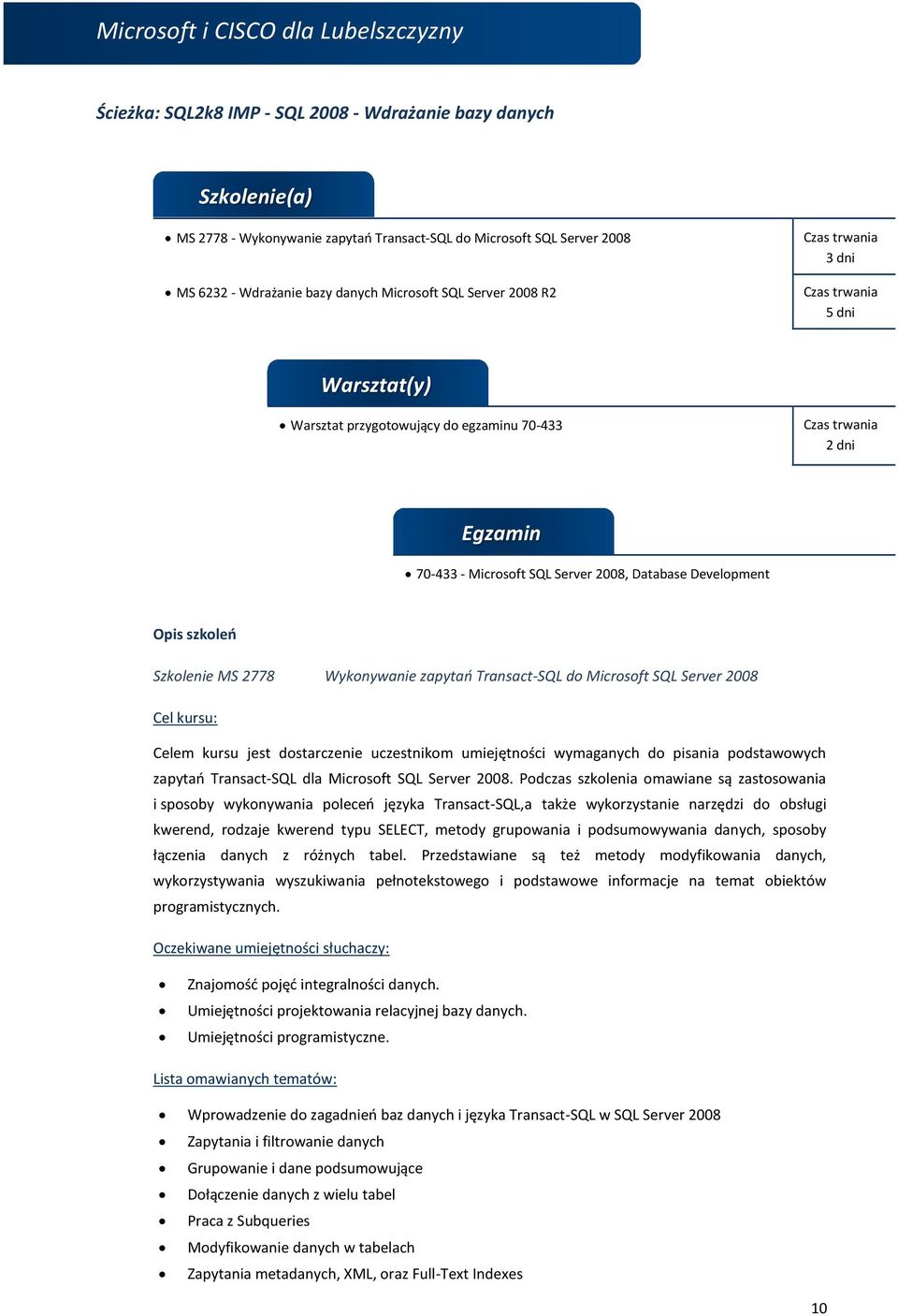 jest dostarczenie uczestnikom umiejętności wymaganych do pisania podstawowych zapytań Transact-SQL dla Microsoft SQL Server 2008.