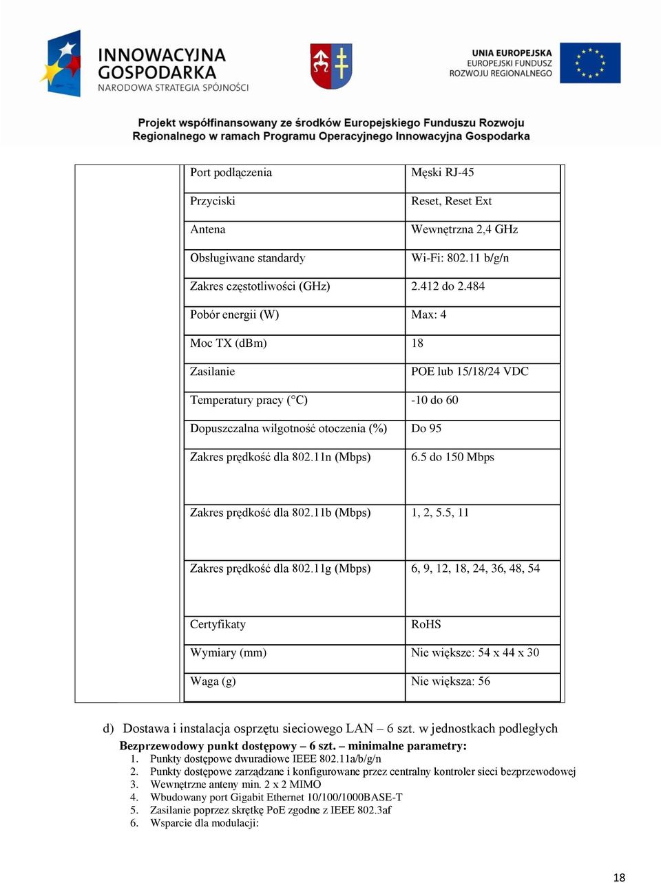5 do 150 Mbps Zakres prędkość dla 802.11b (Mbps) 1, 2, 5.5, 11 Zakres prędkość dla 802.