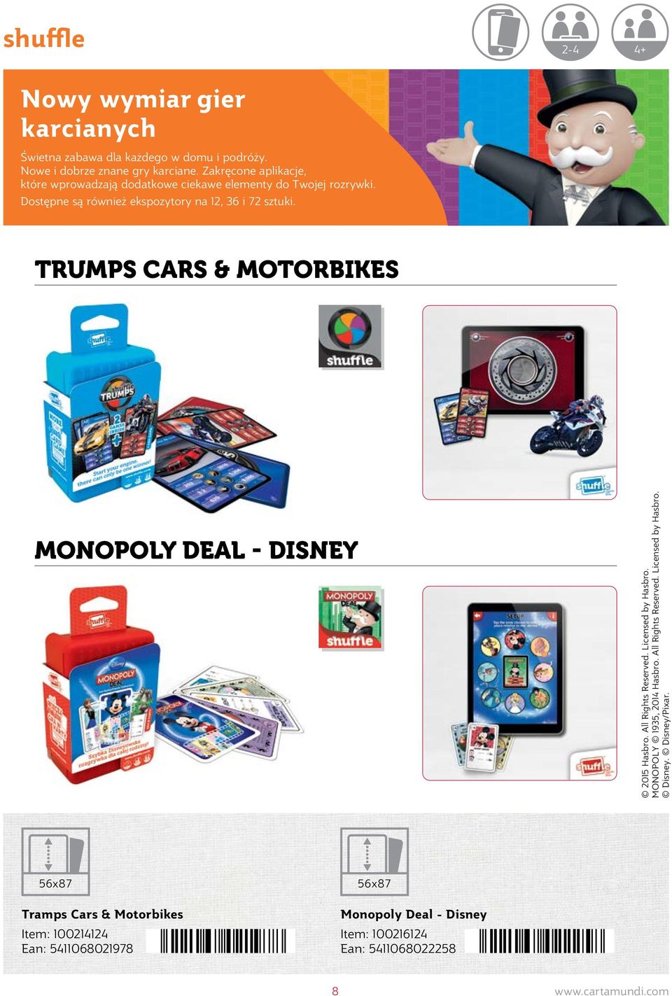 TRUMPS CARS & MOTORBIKES MONOPOLY DEAL - DISNEY 2015 Hasbro. All Rights Reserved. Licensed by Hasbro. MONOPOLY 1935, 2014 Hasbro. All Rights Reserved. Licensed by Hasbro. Disney.