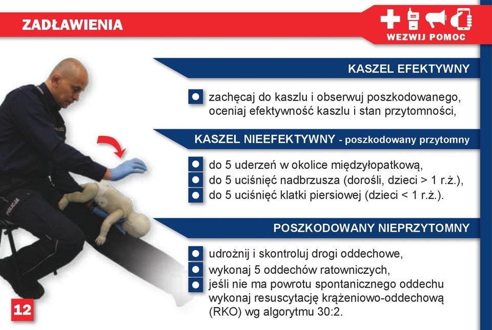 ), do 5 uciśnięć klatki piersiowej (dzieci < 1 r.ż.). POSZKODOWANY NIEPRZYTOMNY 12 udrożnij i skontroluj drogi oddechowe, wykonaj