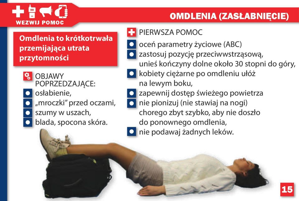 OMDLENIA (ZASŁABNIĘCIE) PIERWSZA POMOC oceń parametry życiowe (ABC) zastosuj pozycję przeciwwstrząsową, unieś kończyny dolne