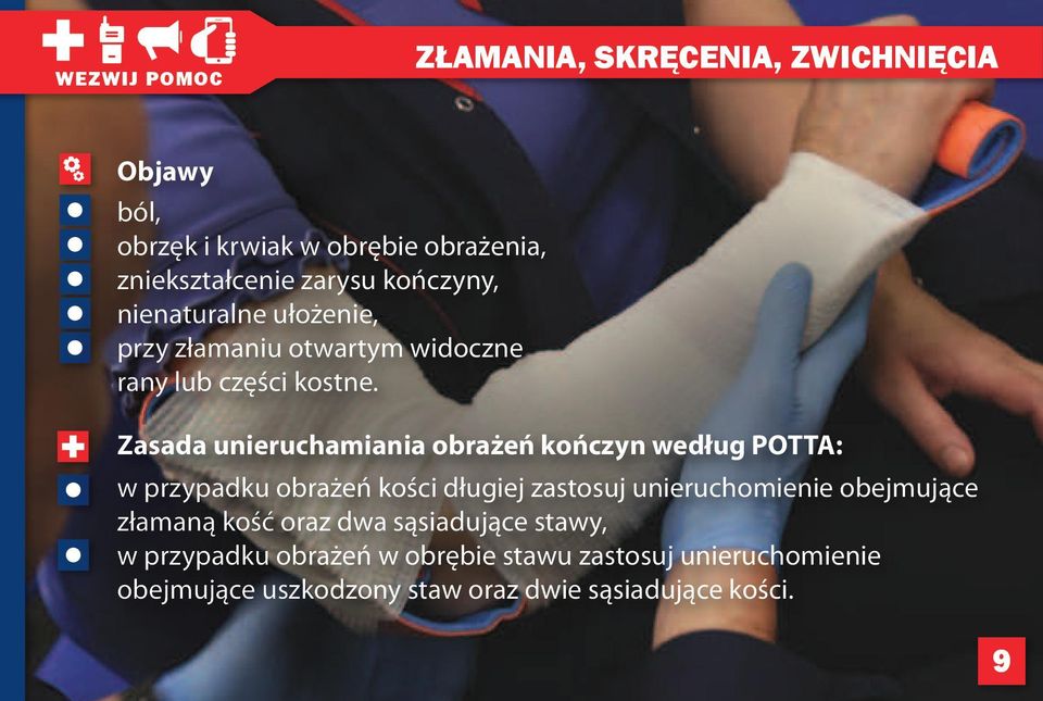 Zasada unieruchamiania obrażeń kończyn według POTTA: w przypadku obrażeń kości długiej zastosuj unieruchomienie