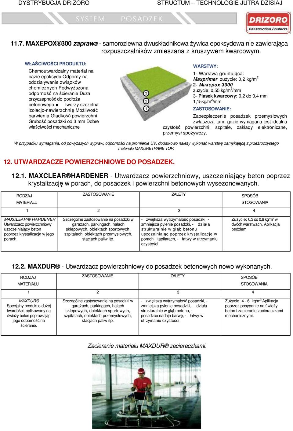 izolacjo-nawierzchnię Możliwość barwienia Gładkość powierzchni Grubość posadzki od 3 mm Dobre właściwości mechaniczne Maxprimer zużycie: 0,2 kg/m 2 2- Maxepox 3000 zużycie: 0,55 kg/m 2 /mm 3- Piasek
