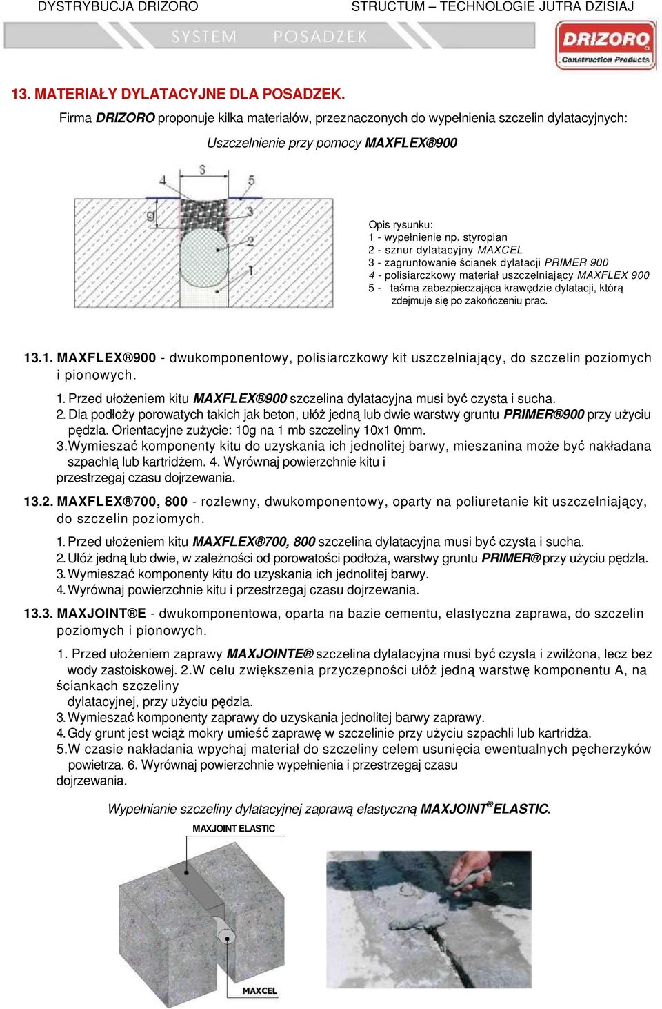 styropian 2 - sznur dylatacyjny MAXCEL 3 - zagruntowanie ścianek dylatacji PRIMER 900 4 - polisiarczkowy materiał uszczelniający MAXFLEX 900 5 - taśma zabezpieczająca krawędzie dylatacji, którą