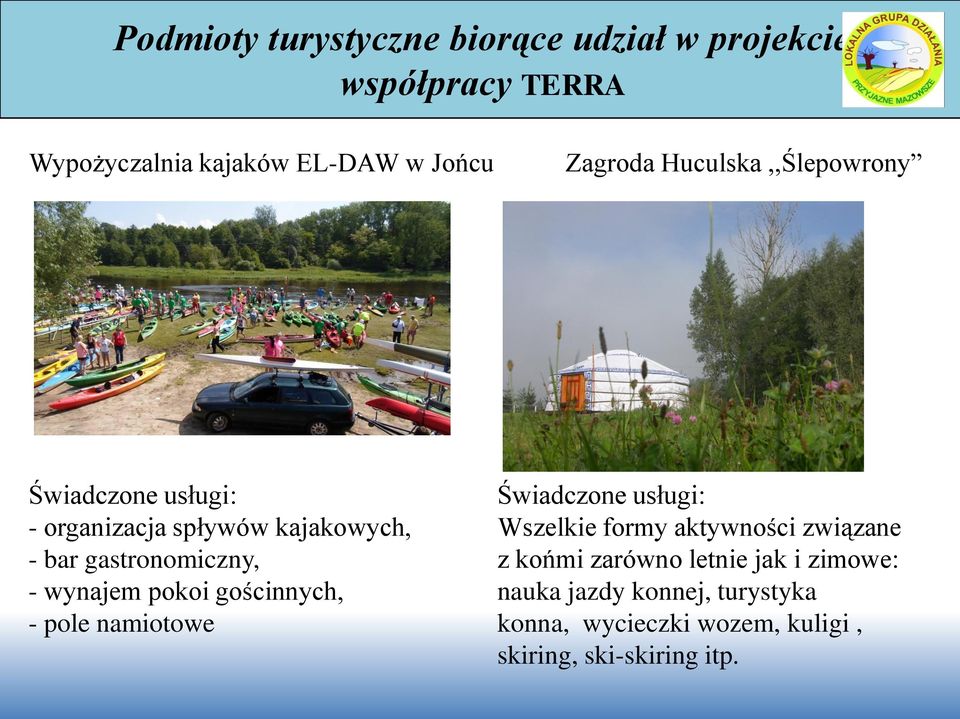 wynajem pokoi gościnnych, - pole namiotowe Świadczone usługi: Wszelkie formy aktywności związane z końmi