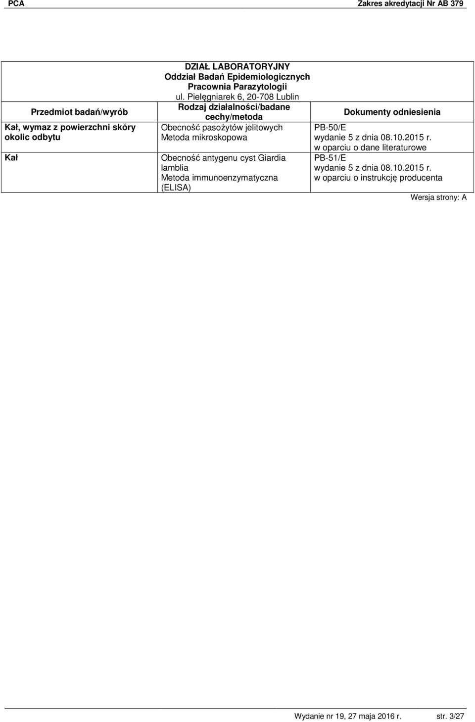 lamblia Metoda immunoenzymatyczna (ELISA) PB-50/E wydanie 5 z dnia 08.10.2015 r.
