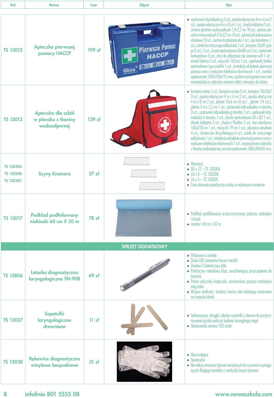 , ustnik do sztucznego oddychania 1 szt., kompres 10x10 (pak po 2 szt.) 3 szt., chusta opatrunkowa 60x80 cm 2 szt., opatrunek hydrożelowy 3 szt., płyn do odkażania rąk skinman soft 1 szt.