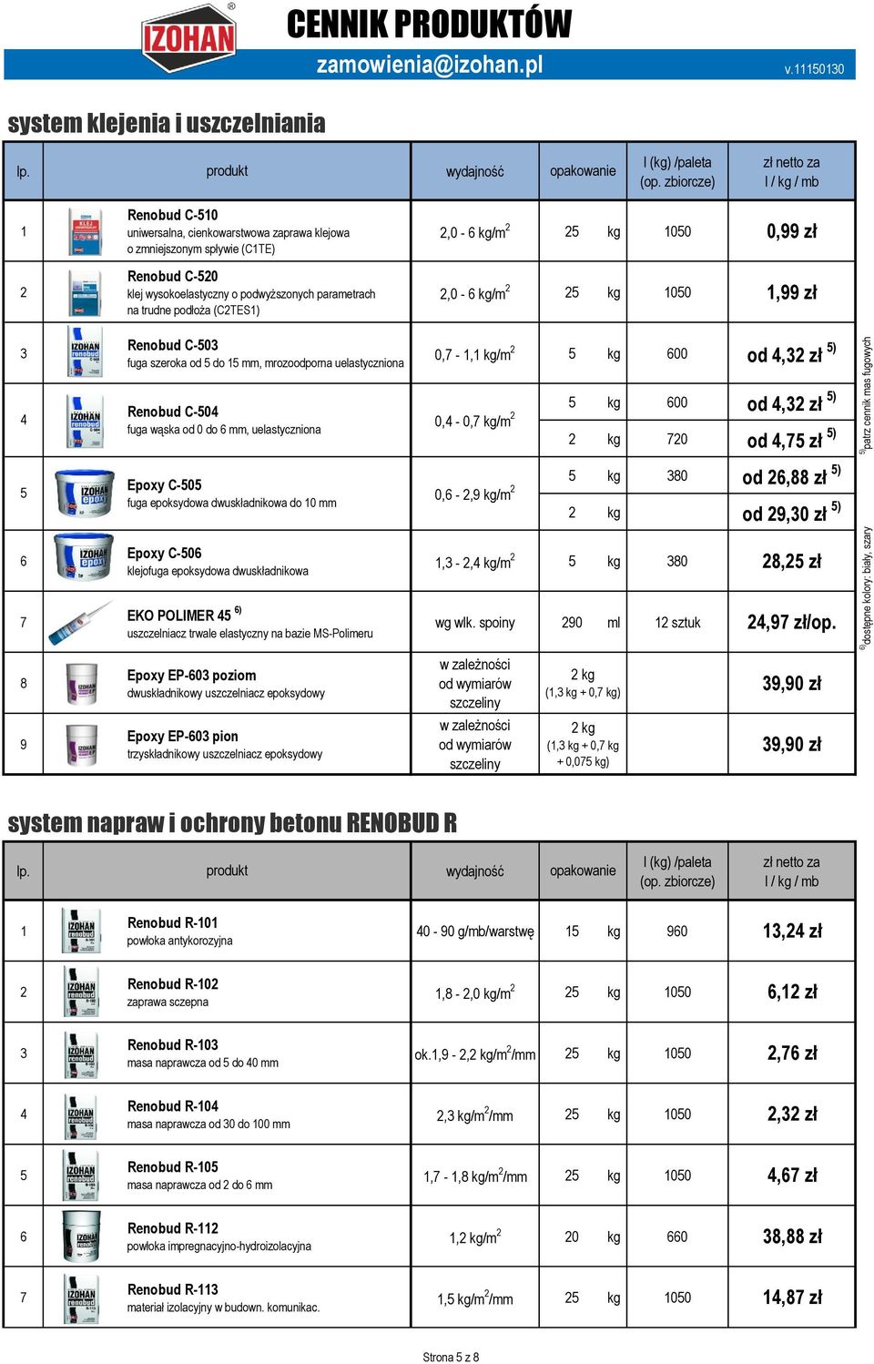 zł,0 - kg/m kg 00,99 zł Renobud C-0 fuga szeroka od do mm, mrozoodporna uelastyczniona Renobud C-0 0, - 0, kg/m fuga wąska od 0 do mm, uelastyczniona Epoxy C-0 0, -,9 kg/m fuga epoksydowa