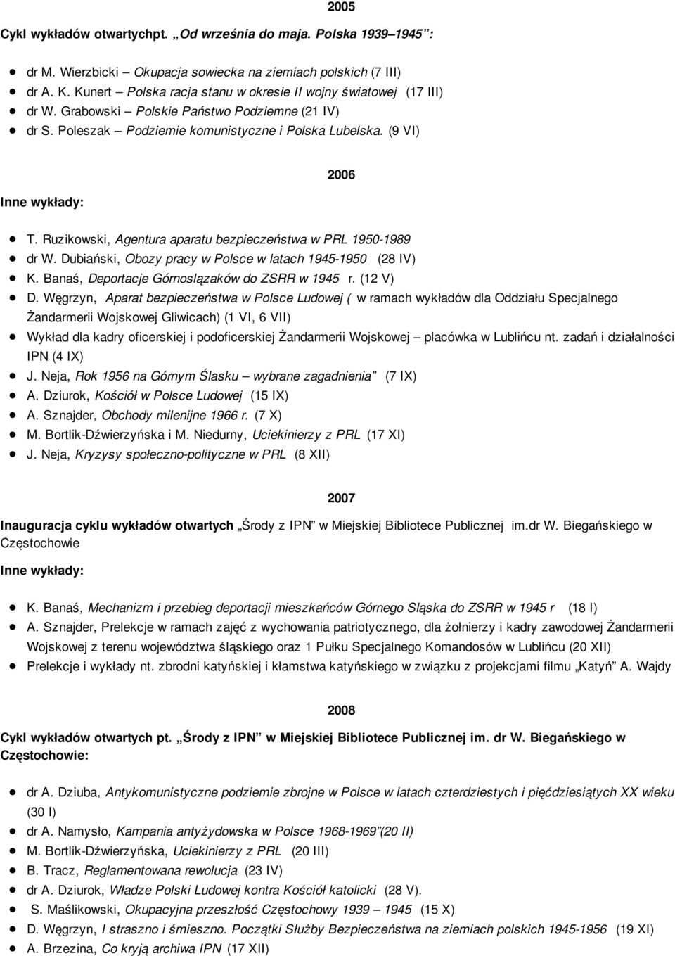 Ruzikowski, Agentura aparatu bezpieczeństwa w PRL 1950-1989 dr W. Dubiański, Obozy pracy w Polsce w latach 1945-1950 (28 IV) K. Banaś, Deportacje Górnoslązaków do ZSRR w 1945 r. (12 V) D.
