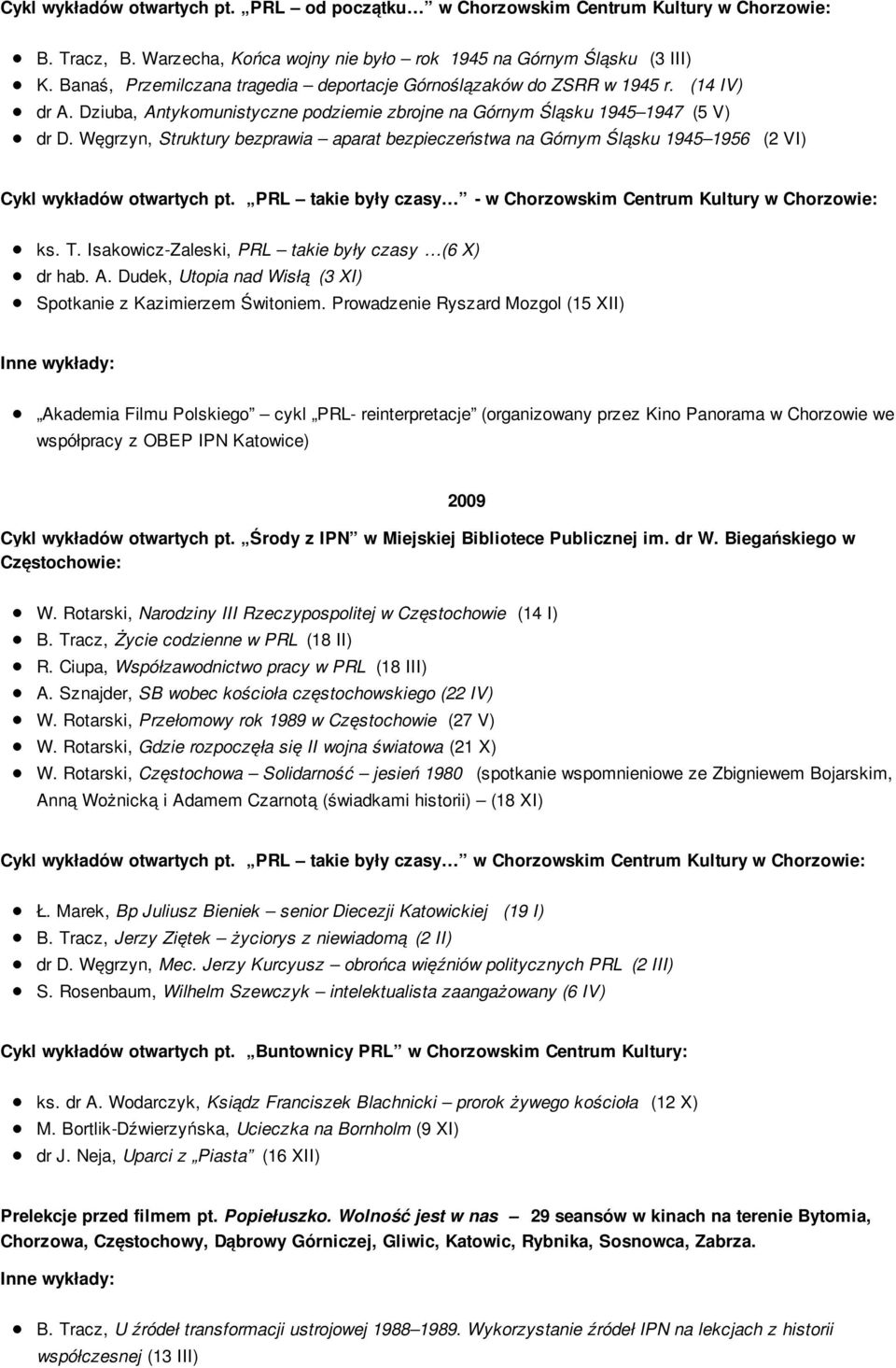 Węgrzyn, Struktury bezprawia aparat bezpieczeństwa na Górnym Śląsku 1945 1956 (2 VI) Cykl wykładów otwartych pt. PRL takie były czasy - w Chorzowskim Centrum Kultury w Chorzowie: ks. T.