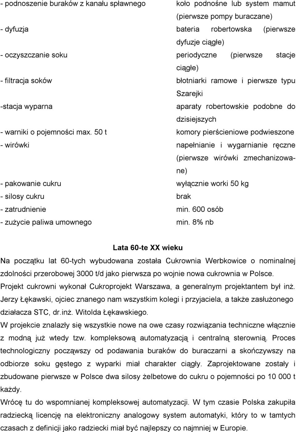 50 t komory pierścieniowe podwieszone - wirówki napełnianie i wygarnianie ręczne (pierwsze wirówki zmechanizowane) - pakowanie cukru wyłącznie worki 50 kg - silosy cukru brak - zatrudnienie min.