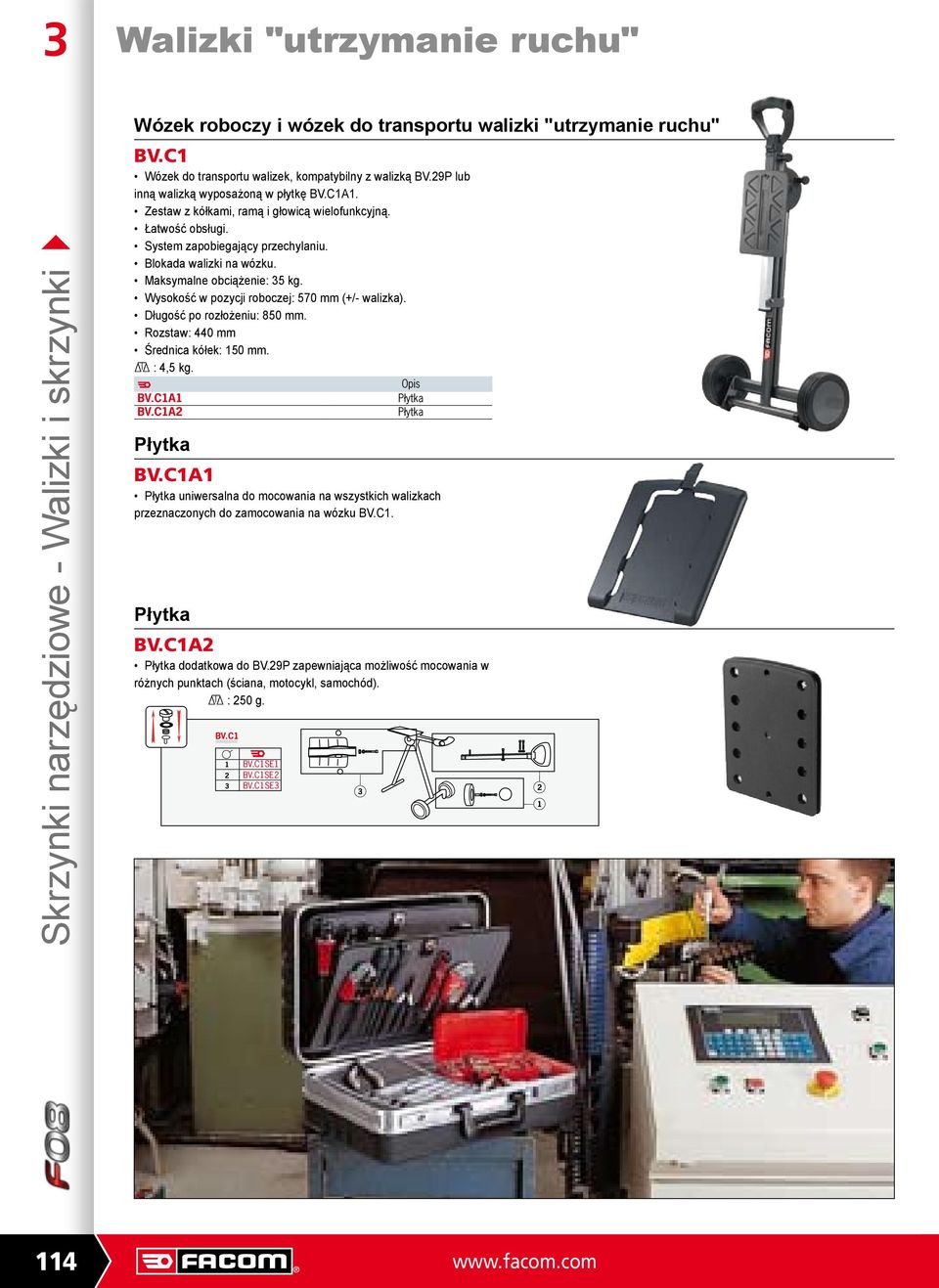 Maksymalne obciążenie: 35 kg. Wysokość w pozycji roboczej: 570 mm (+/- walizka). Długość po rozłożeniu: 850 mm. Rozstaw: 440 mm Średnica kółek: 150 mm. D : 4,5 kg. F Opis BV.C1A1 Płytka BV.
